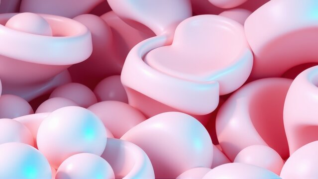 Soft pink forms, rounded shapes, smooth textures. Minimalist composition, pastel tones, abstract design. Light reflections create depth.