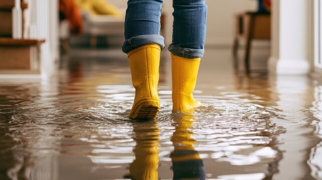 Child wearing yellow rubber boot standing in flooded living room with water covering wooden floor reflecting light and furniture around indoors at home