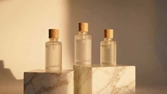 three assorted glass bottles with wooden caps arranged on marble blocks, soft light and shadow play
