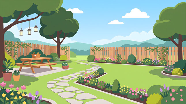 Beautiful backyard garden landscape with picnic table and colorful flowers