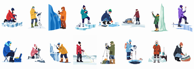 Flat vector illustration set of arctic scientists and explorers conducting various research activities and experiments in a polar environment © ananda