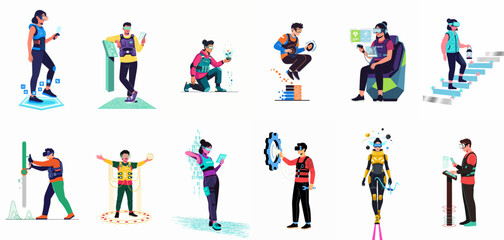 Fototapeta premium Collection of characters interacting with virtual and augmented reality technology through headsets, haptic vests, and digital interfaces in a modern flat illustration style.