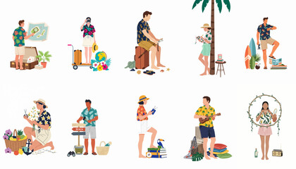 Fototapeta premium Collection of diverse people in tropical outfits enjoying various summer vacation activities and preparing for travel, flat vector illustration style.