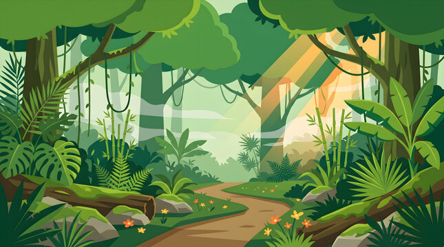 Lush Tropical Jungle Dirt Path with Sunbeams Vector Illustration