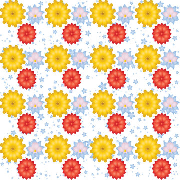 Colorful Seamless Floral Pattern with Yellow Red and Blue Blossoms for Textile Design