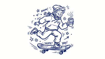Obraz premium Young skater boy on skateboard with coffee doodle.