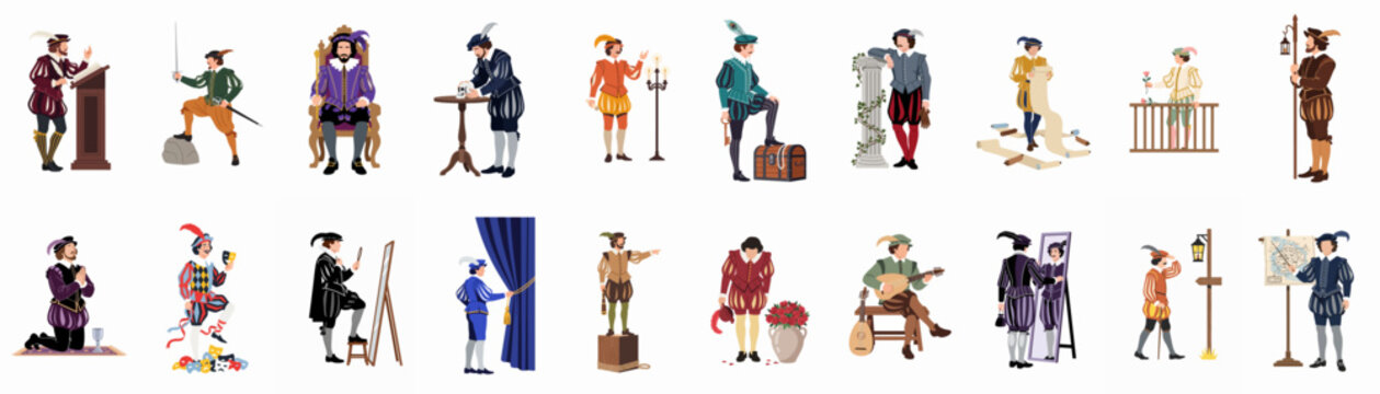 Collection of 18 Renaissance-style flat vector characters in various poses and roles, including king, knight, artist, jester, and scholar in historical costumes.