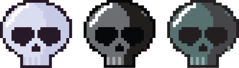 Fototapeta premium Pixel art vector illustration set of three spooky skulls isolated on white background.Retro game style skeleton heads collection for digital design and halloween assets.
