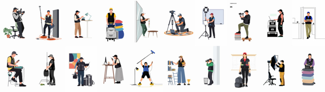 Professional film and television production crew characters with equipment in flat vector illustration style, isolated on white background.