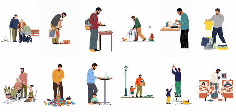 Collection of illustrations showing a man multitasking with household chores, parenting, and caregiving responsibilities.