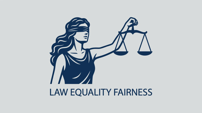 Lady Justice blindfolded holding balance scales with law equality fairness text.