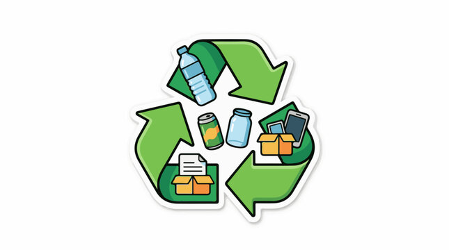 Recycling symbol with various items to recycle