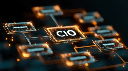 A glowing digital network diagram highlighting the CIO role and organizational hierarchy in a futuristic, tech-driven interface.