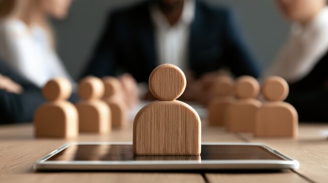 Wooden human figure standing on digital tablet with blurred business people in background representing online recruitment and virtual human resource management concept
