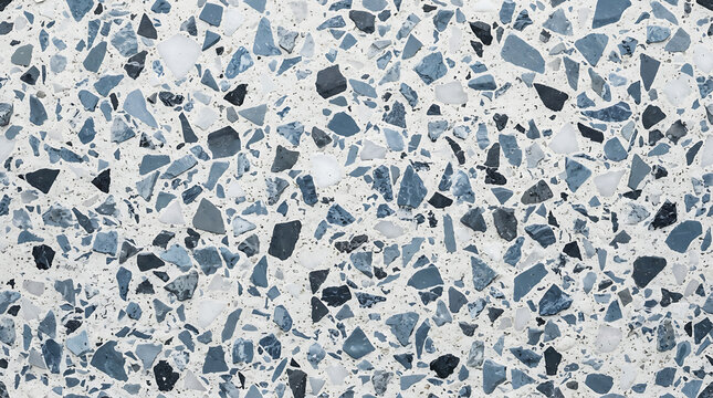 Blue and white terrazzo surface texture with irregular stone fragments background