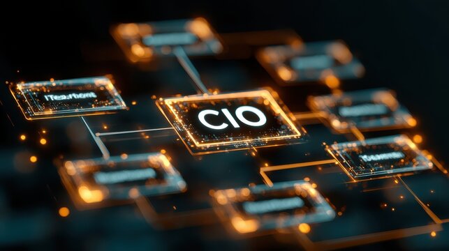 A glowing digital network diagram highlighting the CIO role and organizational hierarchy in a futuristic, tech-driven interface.