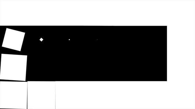 Geometric square matte transition animation loop featuring rotating white blocks scaling up and moving in an outward spiral pattern from the center to cover a black screen