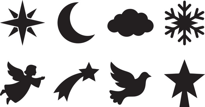 Black silhouette of celestial and holiday symbols, including stars, crescent moon, cloud, snowflake, angel, shooting star, and dove