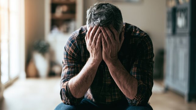 Distressed man sitting in living room with face in hands expressing sadness frustration and mental exhaustion during difficult time at home
