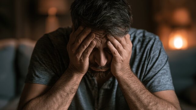 Middle-aged man experiencing emotional distress and fatigue sitting indoors in dim light with head in hands feeling overwhelmed and troubled