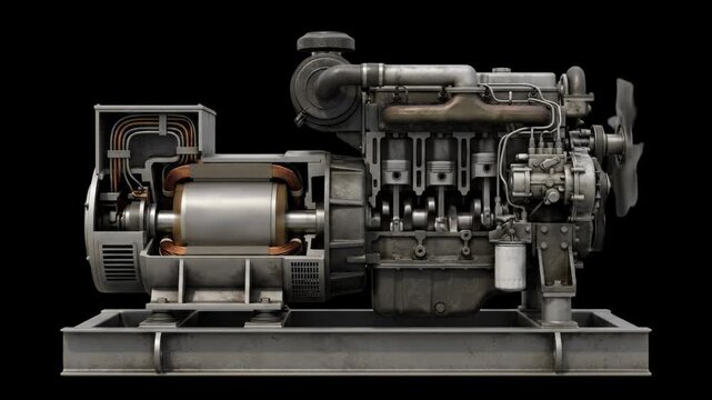 A detailed cross-section of a heavy-duty combustion engine showing pistons, crankshaft, and internal machinery moving against a dark background. This realistic 3D technical animation is ideal for mech