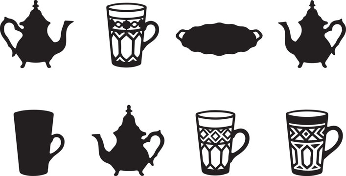 Black silhouette of moroccan teapots, patterned tea glasses, and a serving tray, isolated on a white background, set