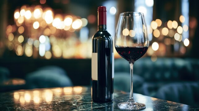 Elegant bottle of red wine and filled wine glass on polished marble table with bokeh light background in cozy ambient setting