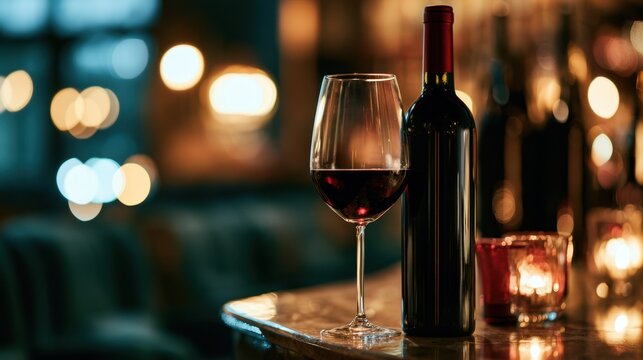 Elegant red wine glass and bottle on wooden table with warm candlelight and blurred cozy background in romantic bar setting at night