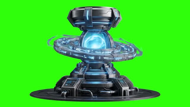 A 3D animated high-tech energy device featuring rotating metallic rings and a pulsating blue plasma core on a green screen. Perfect for science fiction films, gaming UI assets, and advanced technology