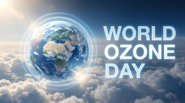World ozone day image showing earths ozone layer, clouds, and bright sunny sky. Ideal for environmental awareness campaigns and educational materials.
