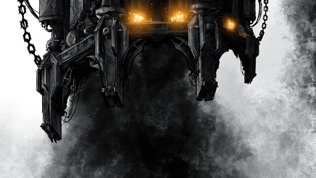 Dark gothic mechanical structure hanging over thick black smoke.