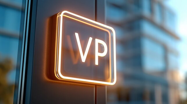 A glowing neon sign with the letters "VP" mounted on a modern glass building wall, reflecting ambient light in an urban environment.