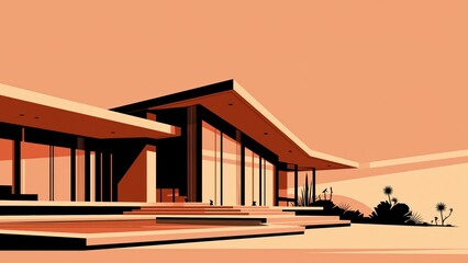 Fototapeta premium Modern angled house silhouette against deep orange sunset sky.