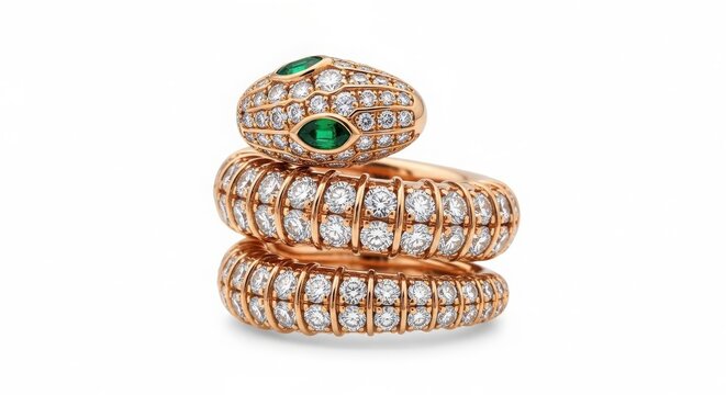 Rose gold snake ring coiled with diamonds and emerald eyes accessory precious gemstone background isolated ornament expensive sparkling statement collection dazzling sophisticate