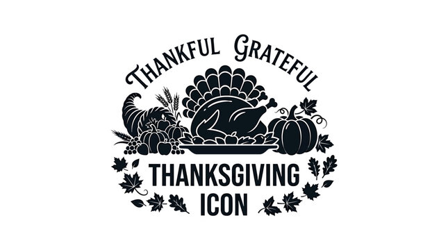 A thankful family gathers around a roasted turkey with pumpkin and leaves on Thanksgiving day indoors