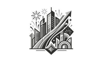 Obraz premium Abstract urban growth logo with sun and arrow.