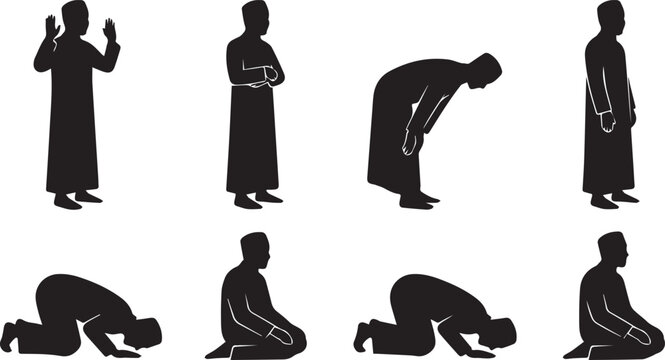 Black silhouettes of a man in various islamic prayer positions, including standing, bowing, and prostrating on a white background