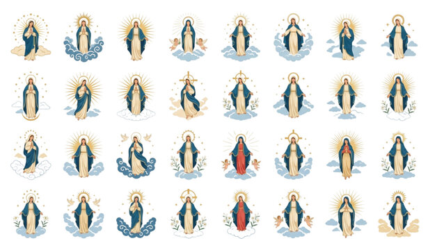 Assumption of Mary with Halo and Sun Rays Religious Vector Illustration