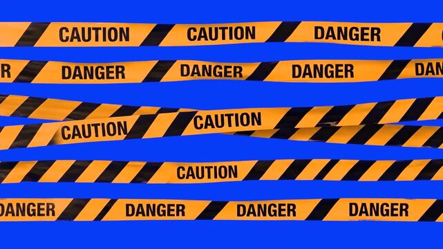 A 3D graphic overlay showing horizontal orange and yellow safety tapes with "DANGER" and "CAUTION" text on a blue chroma key background. Designed for hazard zone simulations, custom video transitions,