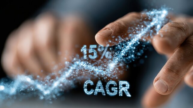 Hands interacting with a digital projection displaying a 15% CAGR growth rate graph, symbolizing business growth and financial analysis.