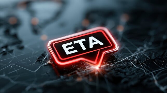 A glowing red ETA icon on a dark digital network background symbolizes estimated time of arrival in a tech context.