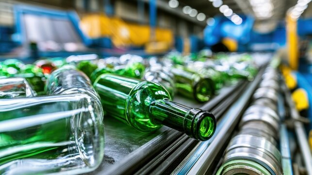 Close-up of green glass bottle on conveyor belt in a modern factory with blurred industrial background and automated production line scene