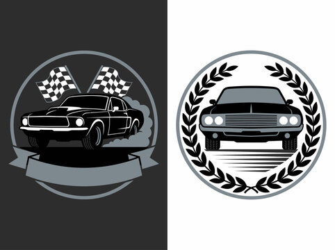 Vintage Muscle Car Racing Logos with Checkered Flags and Laurel Wreath