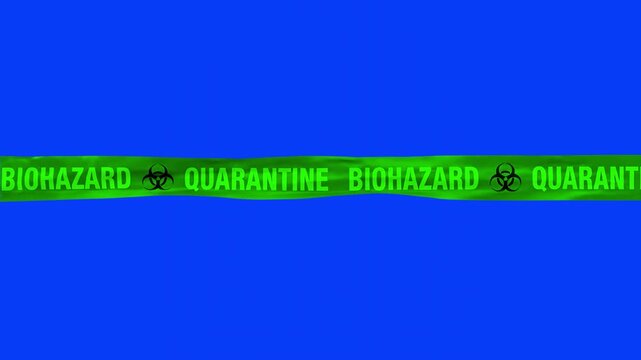 A detailed 3D render of a horizontal glowing green warning tape strip printed with "QUARANTINE BIOHAZARD" and symbol graphics, isolated against a solid blue chroma key backdrop. Excellent for sci-fi f