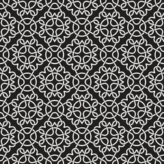 Fototapeta premium Seamless monochrome pattern with abstract geometric celtic knots on a black background.Vector linear illustration of traditional ancient ornament for textile and wallpaper design.