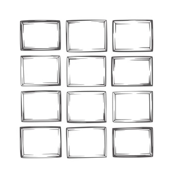 Twelve hand drawn rectangular frames arranged in a three by four grid