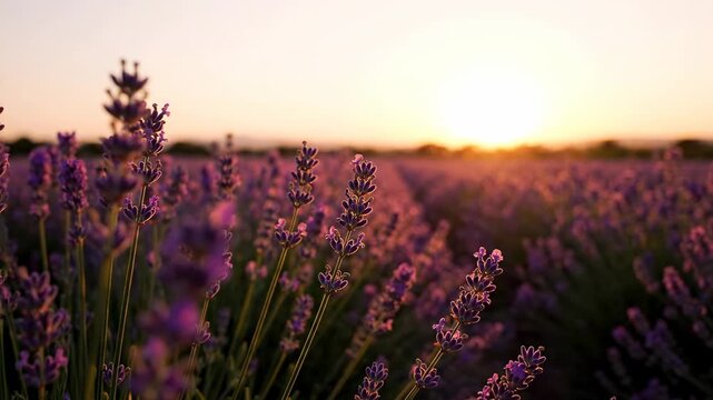 Rows of purple lavender flowers in a field at sunset, with the sun low on the horizon and golden light casting a warm glow over the landscape, perfect for relaxation and wellness themes