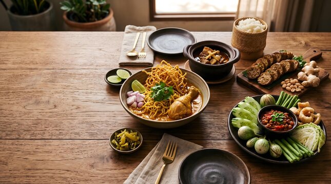 Northern Thai Cuisine featuring authentic Lanna dishes Traditional Thai Cuisine with Khao Soi Noodles and Assorted Local Dishes on Rustic Wooden Table with Natural Lighting