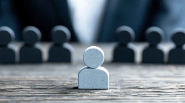 Single person figure standing isolated in front of multiple blurred figures symbolizing leadership, individuality, and standing out in a group concept with wooden texture