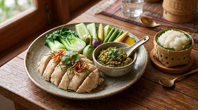 Northern Thai Cuisine featuring authentic Lanna dishes Traditional Thai Nam Prik Plate with Fresh Vegetables, Steamed Rice, and Herbal Chicken on Rustic Wooden Table Setting